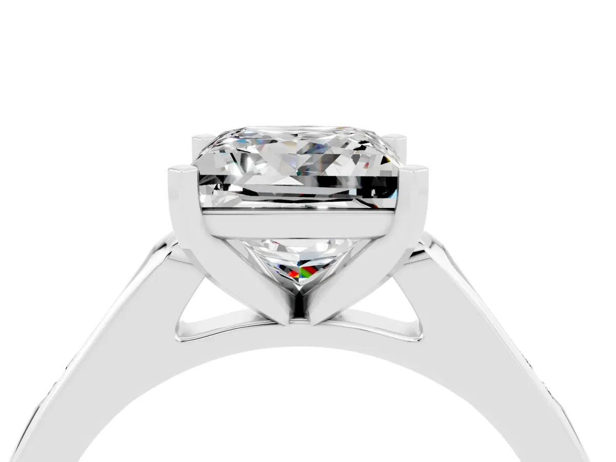 Princess Cut Moissanite Solitaire Ring with Channel Set Round Band and Prong Setting Silver