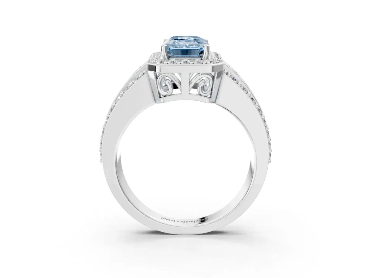 Fancy Blue Emerald Cut Halo Diamond Ring with Round Split Shank and Prong Setting Platinum