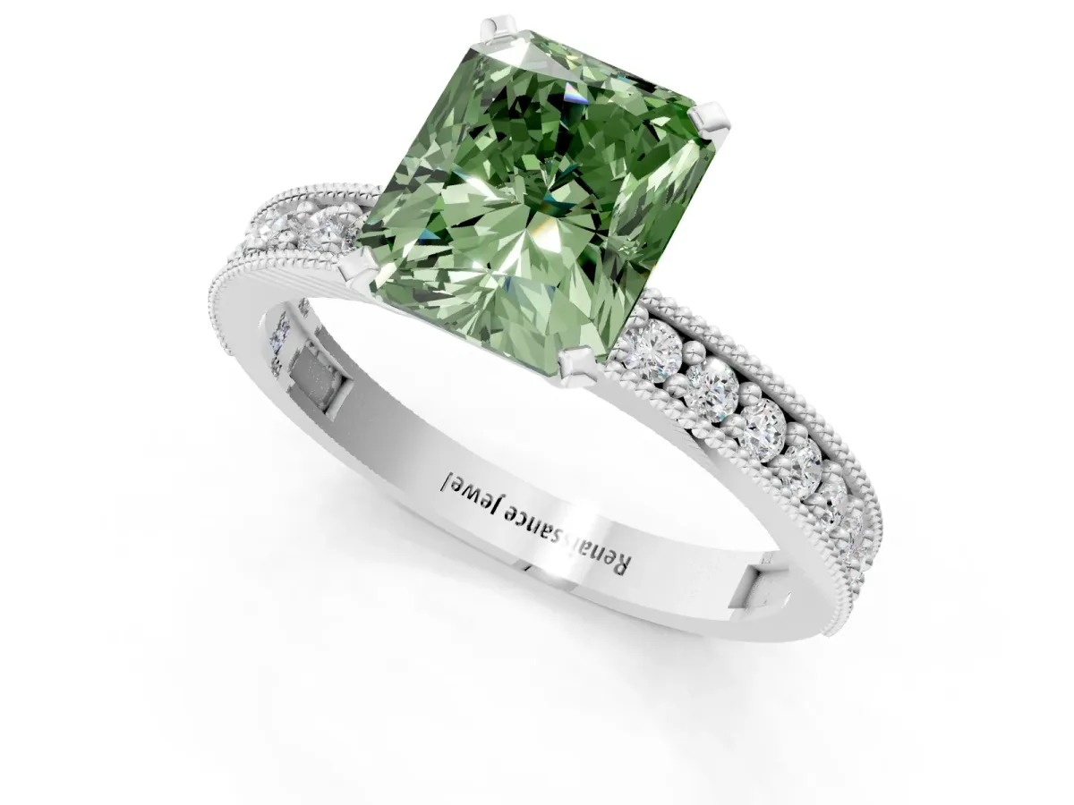 Fancy Green Radiant Cut Diamond Milgrain Pavé Engagement Ring with Four-Prong Setting Platinum