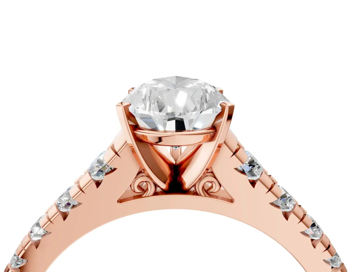 Pear Cut Diamond Cathedral Solitaire Ring with Round Pavé Band Rose gold