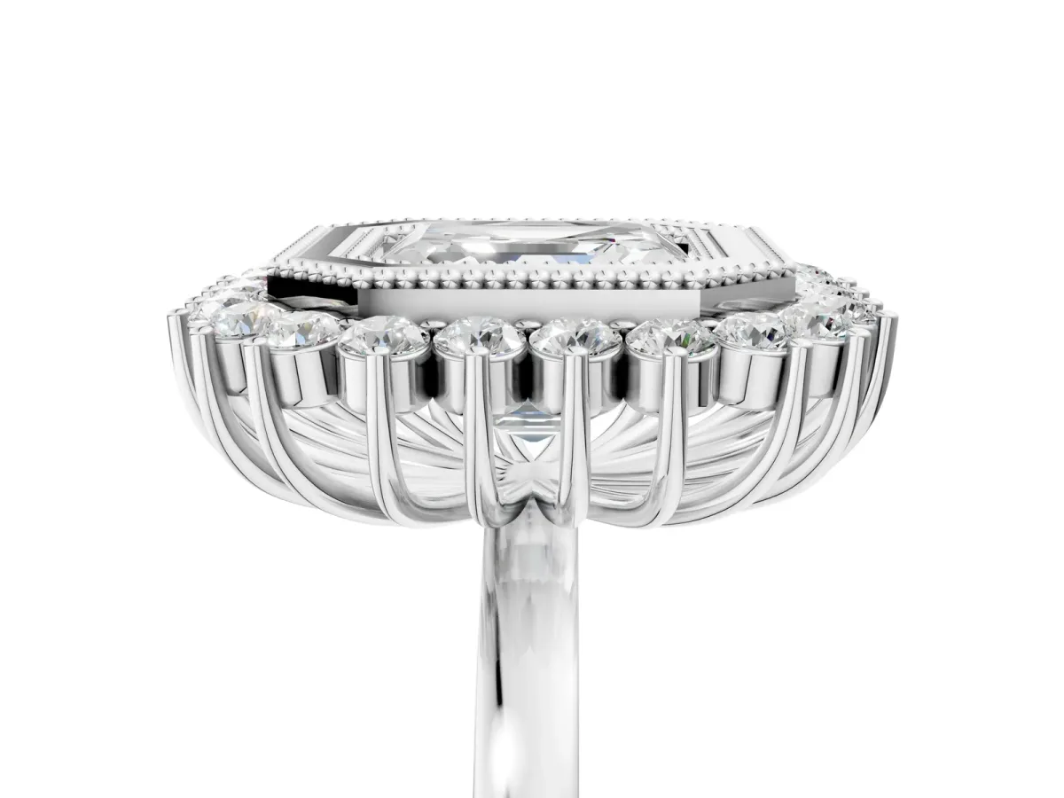 Asscher Cut Halo Diamond Ring with Milgrain Edge and Round Prong Setting Platinum