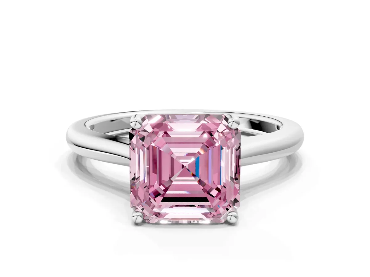 Fancy Pink Asscher Cut Cut Solitaire Ring with Cathedral Band and Four-Prong Setting Platinum