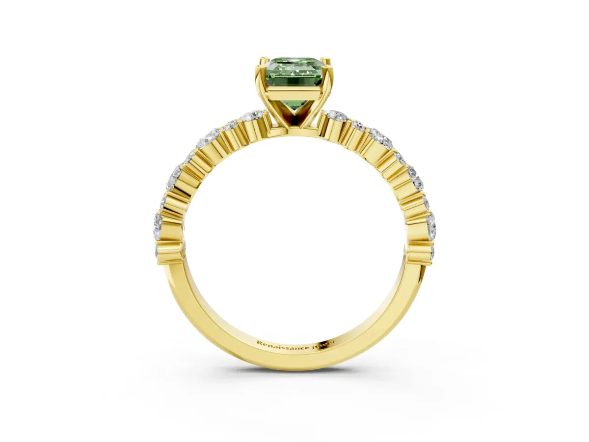 Fancy Green Emerald Cut Diamond Side Stone Solitaire Ring with Round and Four-Prong Setting Yellow gold