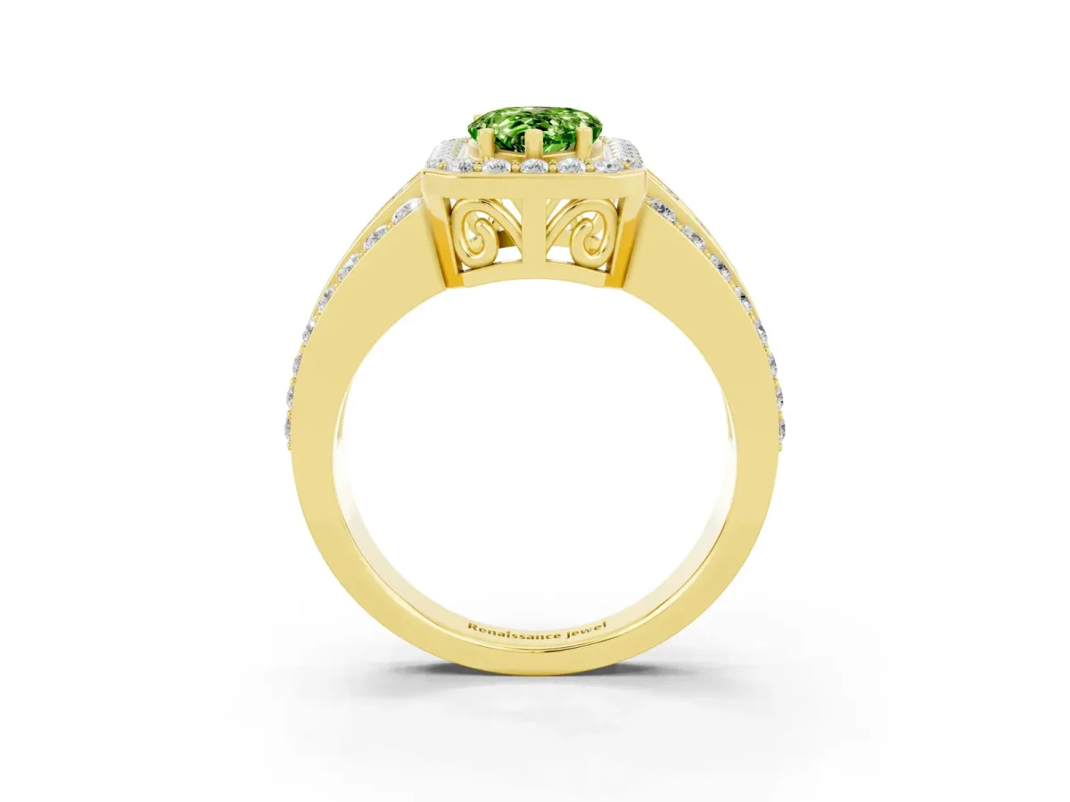 Pear Cut Halo Peridot Ring with Round Split Shank and Prong Setting Yellow gold
