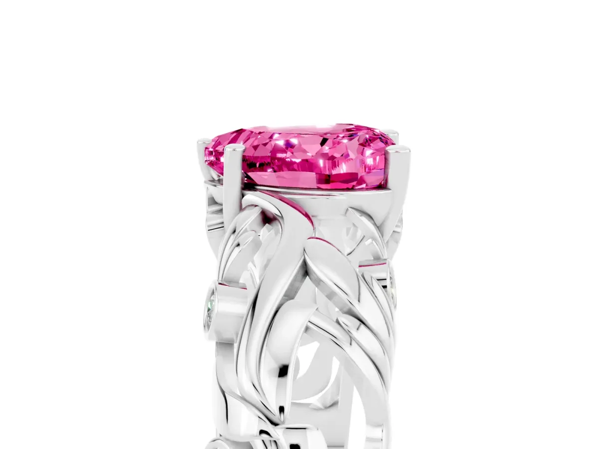 Heart Cut Solitaire Pink Sapphire Leaf-Inspired Vine Band Ring with Prong Setting Platinum