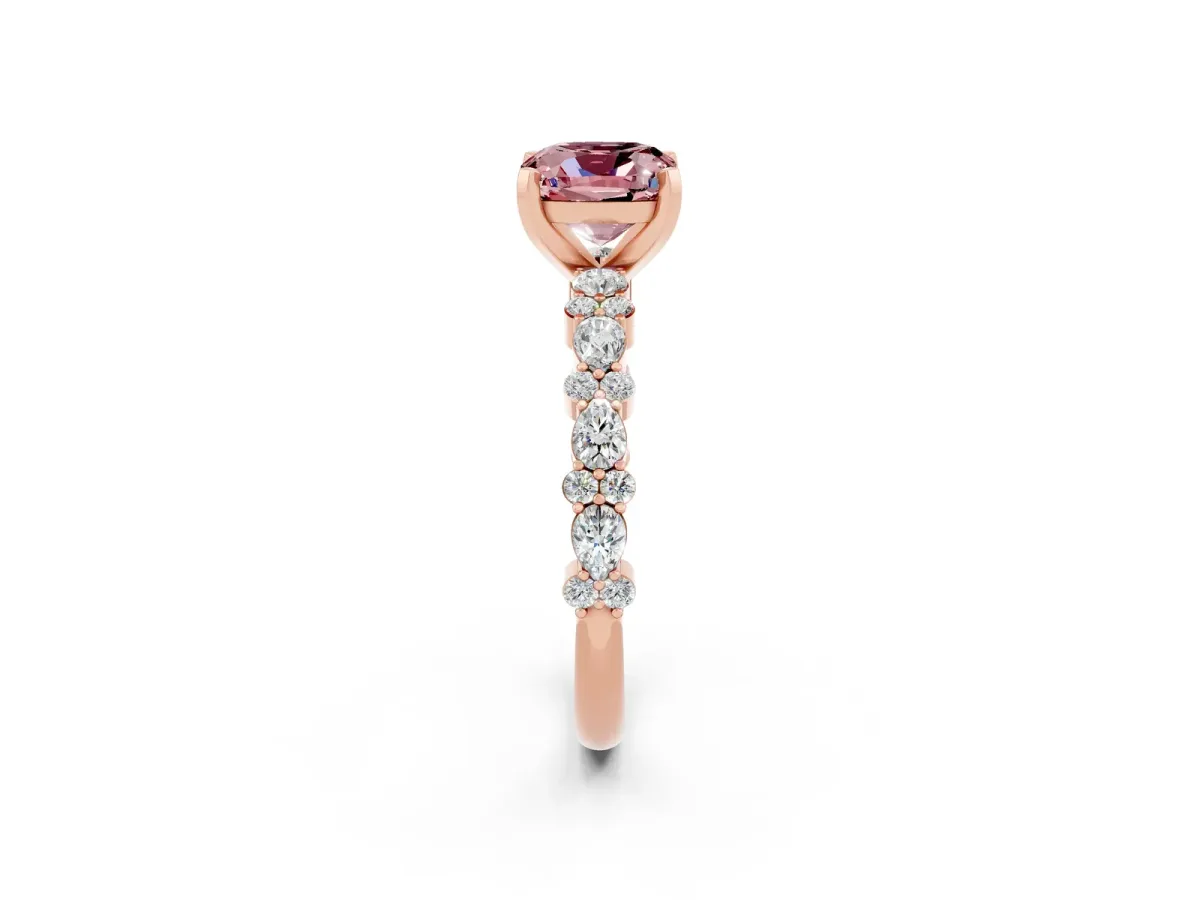 Cushion Cut Morganite Side Stone Solitaire Ring with Round and Four-Prong Setting Rose gold