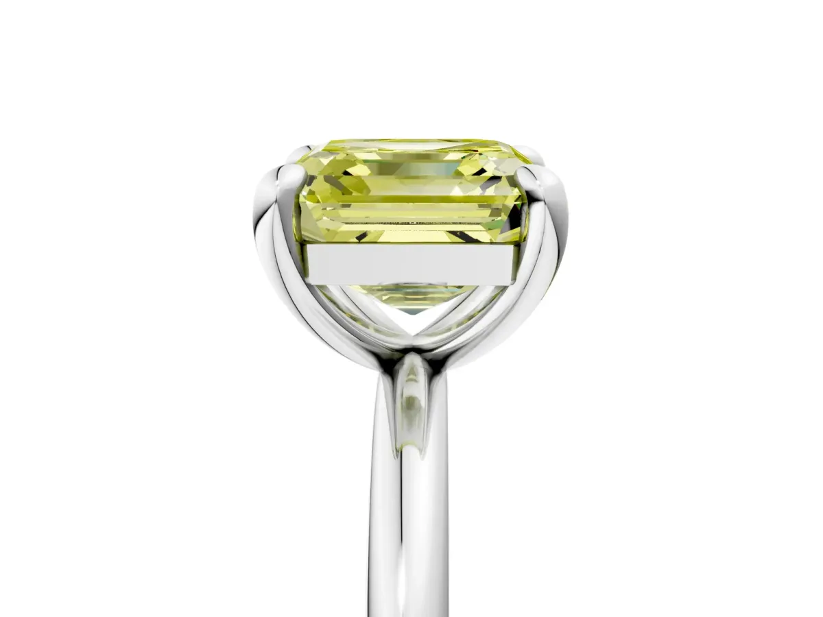 Fancy Yellow Asscher Cut Solitaire Diamond Ring with Four-Prong Setting on a Plain Band Platinum