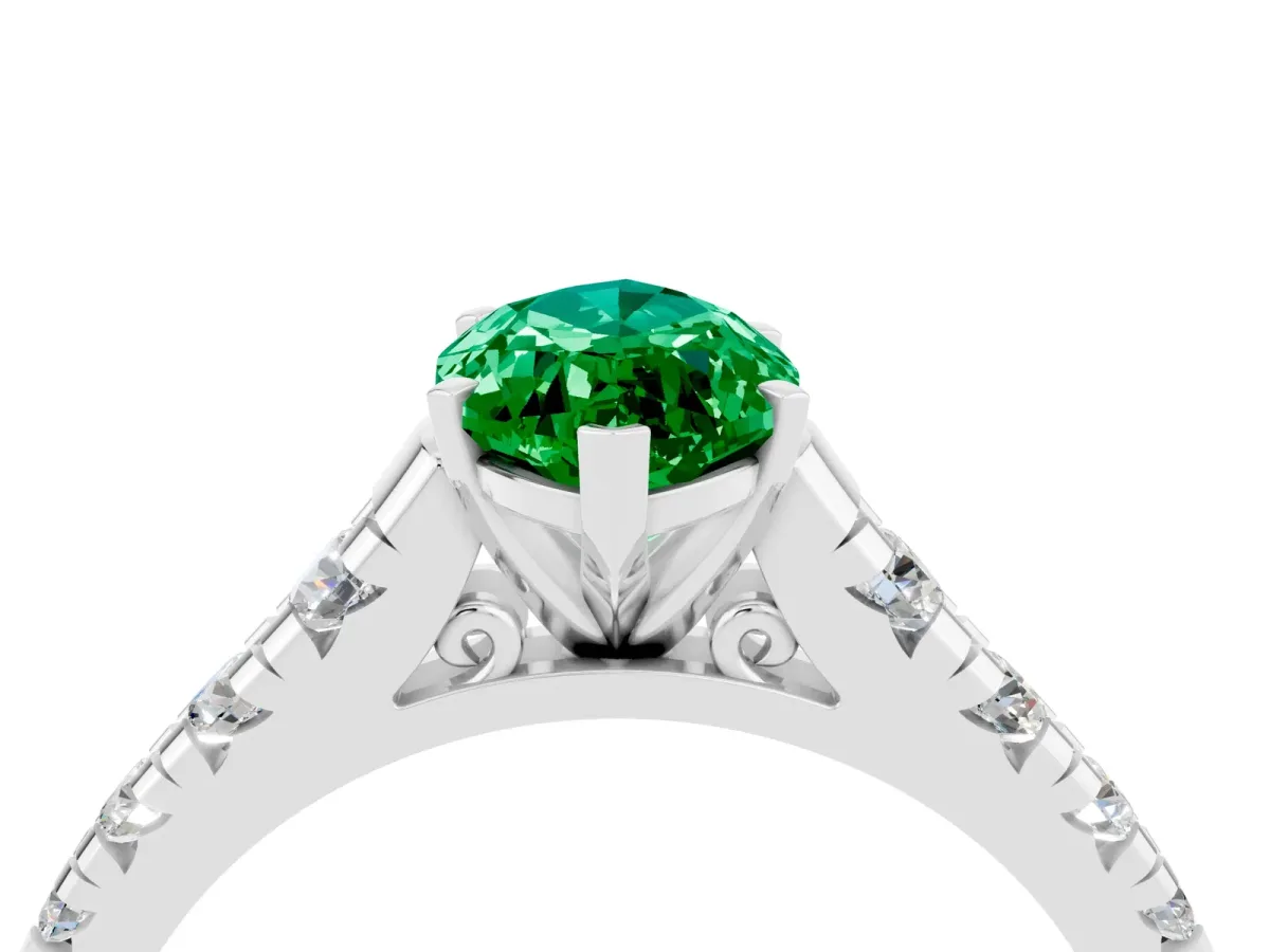Marquise Cut Emerald Cathedral Solitaire Ring with Round Pavé Band Platinum