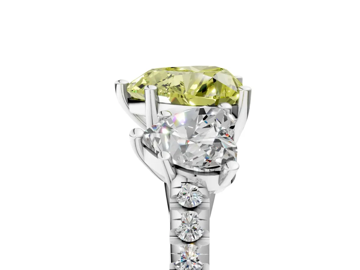 Fancy Yellow Three-Stone Heart Cut Diamond Ring with Round Pavé Band and Prong Setting Silver