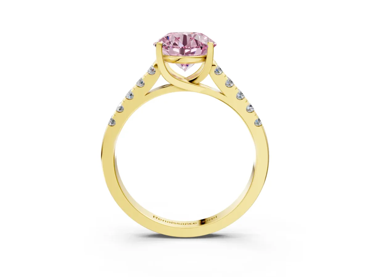 Fancy Pink Round Cut Diamond Pavé Band Solitaire Ring with Prong Setting Yellow gold