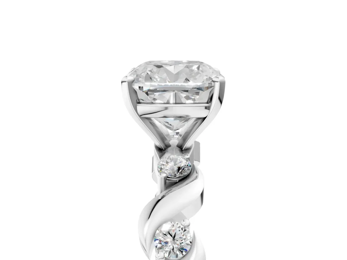 Cushion Cut Diamond Solitaire Twisted Band with Round Accents and Prong Setting Silver