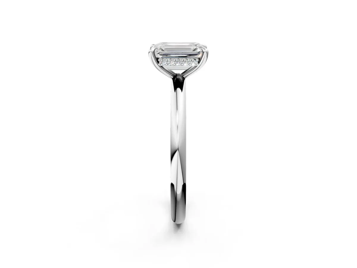 Emerald Cut Diamond Solitaire Ring with Thin Band and Four-Prong Setting White gold