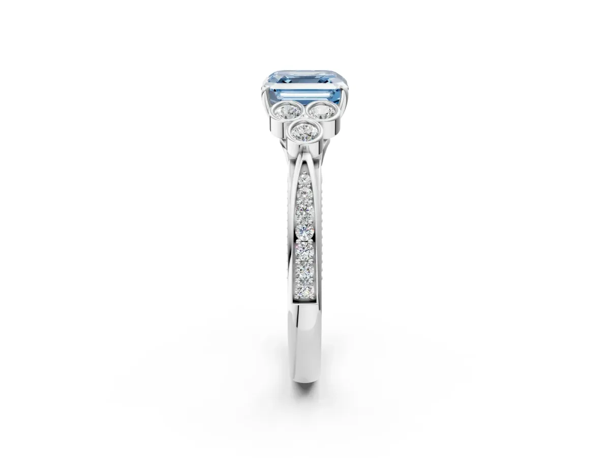 Fancy Blue Asscher Cut Cut Diamond Engagement Ring with Bezel Set Round Side Stones and Prong Setting Platinum