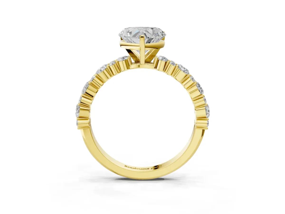 Heart Cut Diamond Side Stone Solitaire Ring with Round and Four-Prong Setting Yellow gold