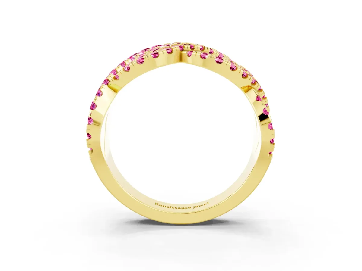 Pavé Round Pink Sapphire Infinity Twist Band with Shared Prong Setting Yellow gold