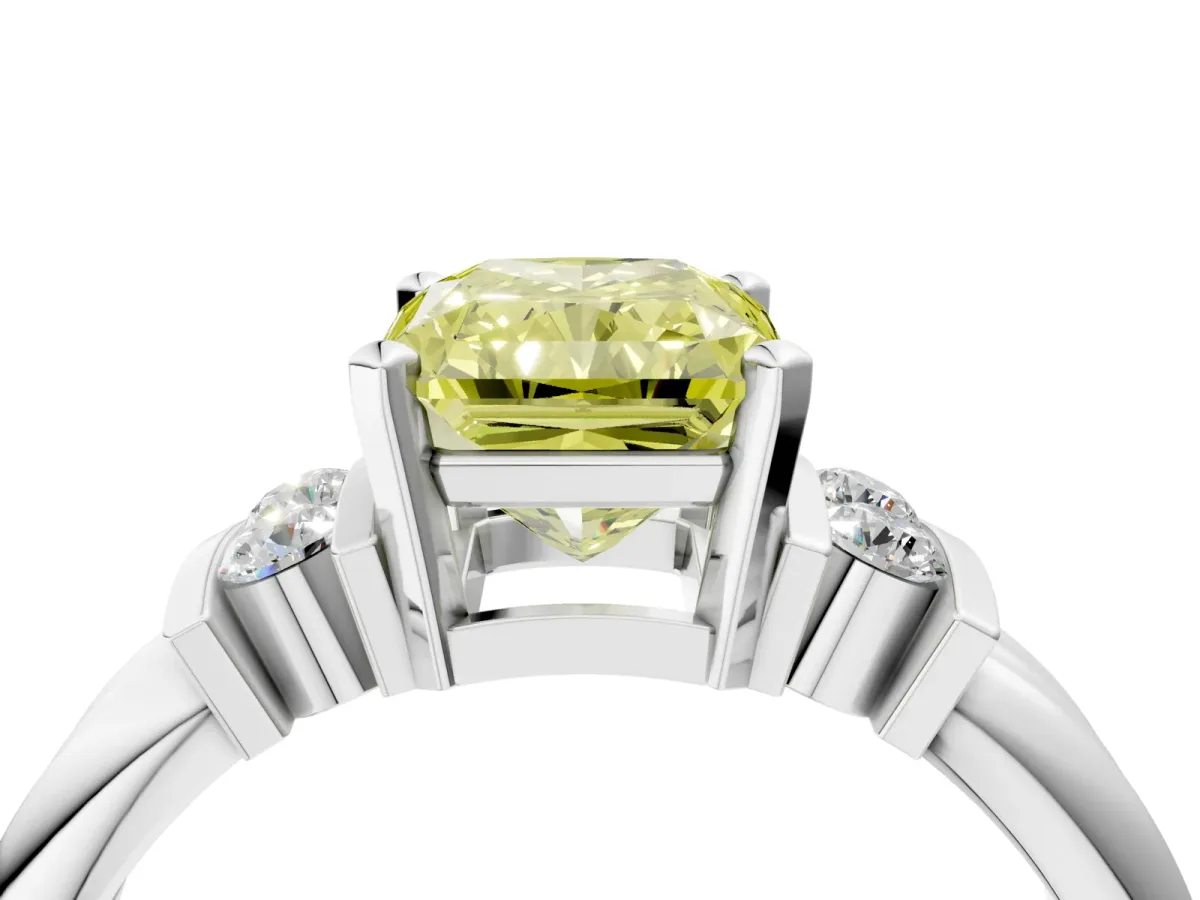 Fancy Yellow Radiant Cut Cut Three-Stone Channel Set Ring with Bar Prongs Platinum