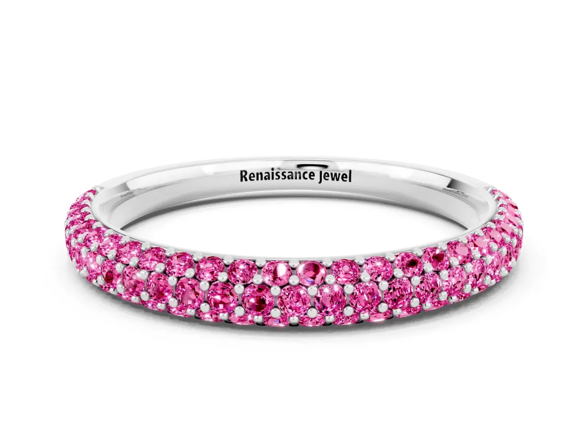 Round Pink Sapphire Pavé Eternity Band with Shared Prong Setting Platinum