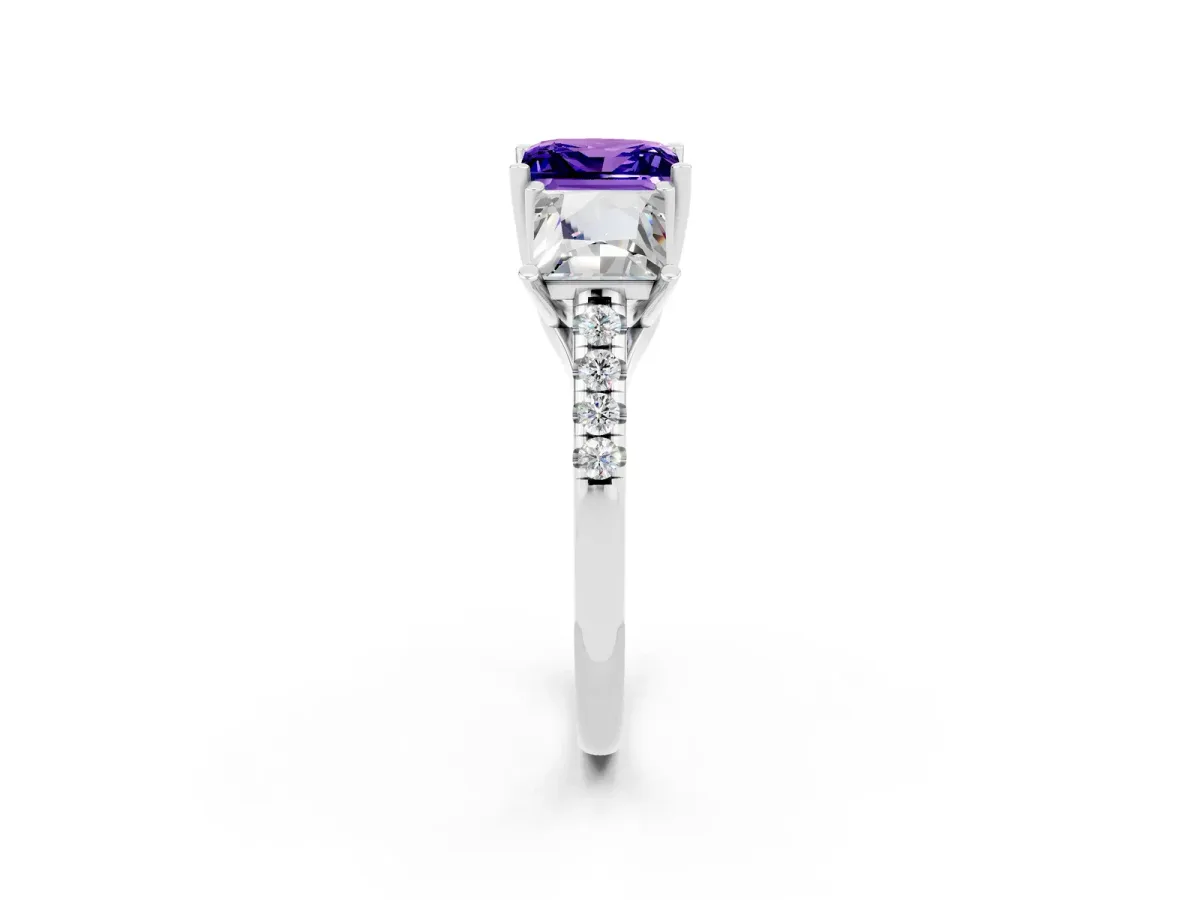 Three-Stone Princess Cut Tanzanite Ring with Round Pavé Band and Prong Setting Silver