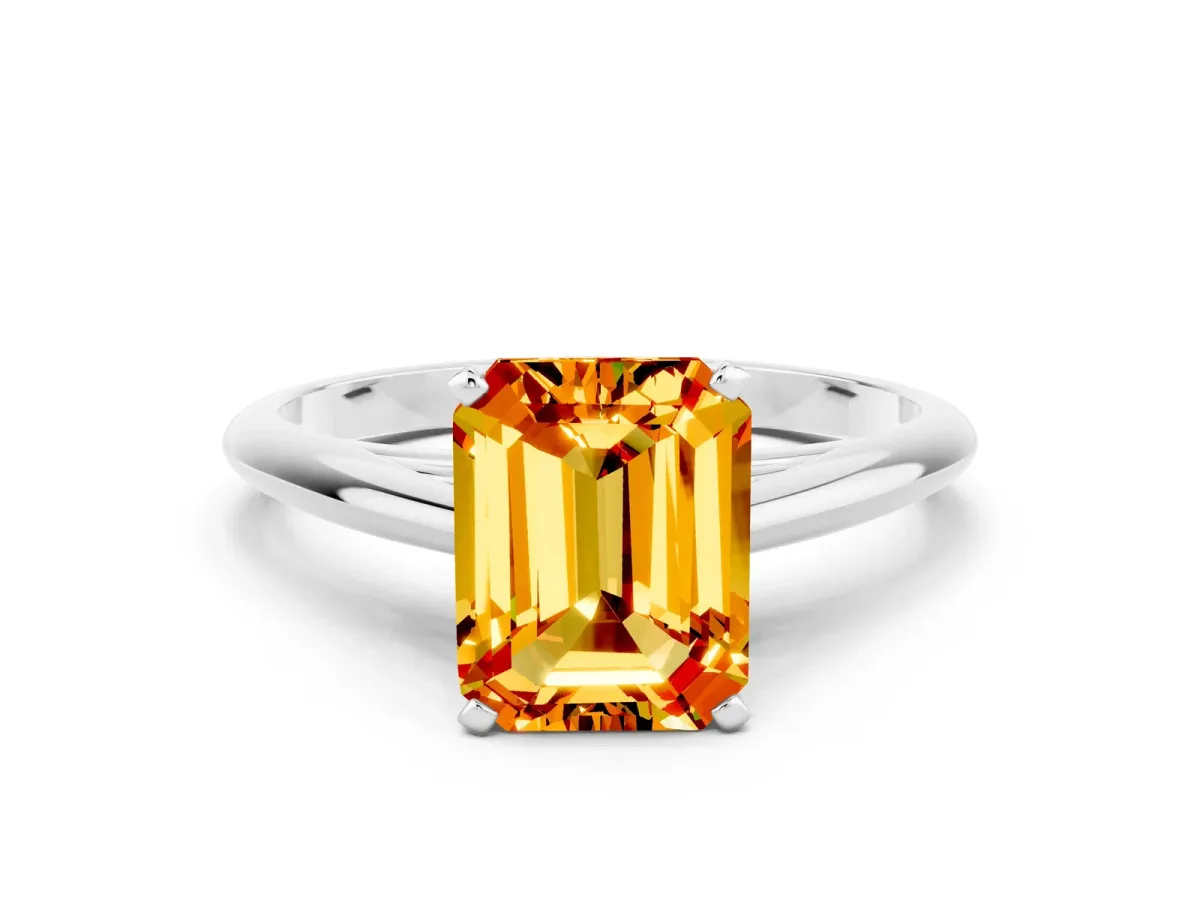 Emerald Cut Citrine Solitaire Engagement Ring with Cathedral Setting and Four-Prong Mount White gold