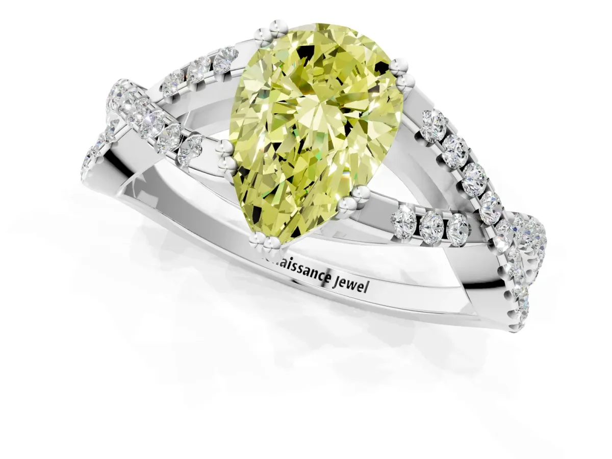 Fancy Yellow Pear Cut Diamond Solitaire Ring with Four-Prong Setting and Twisted Pavé Band Platinum