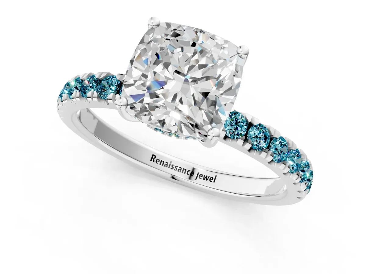 Cushion Cut Diamond Pave Band Solitaire Ring with Round Blue Topaz and Prong Setting Silver