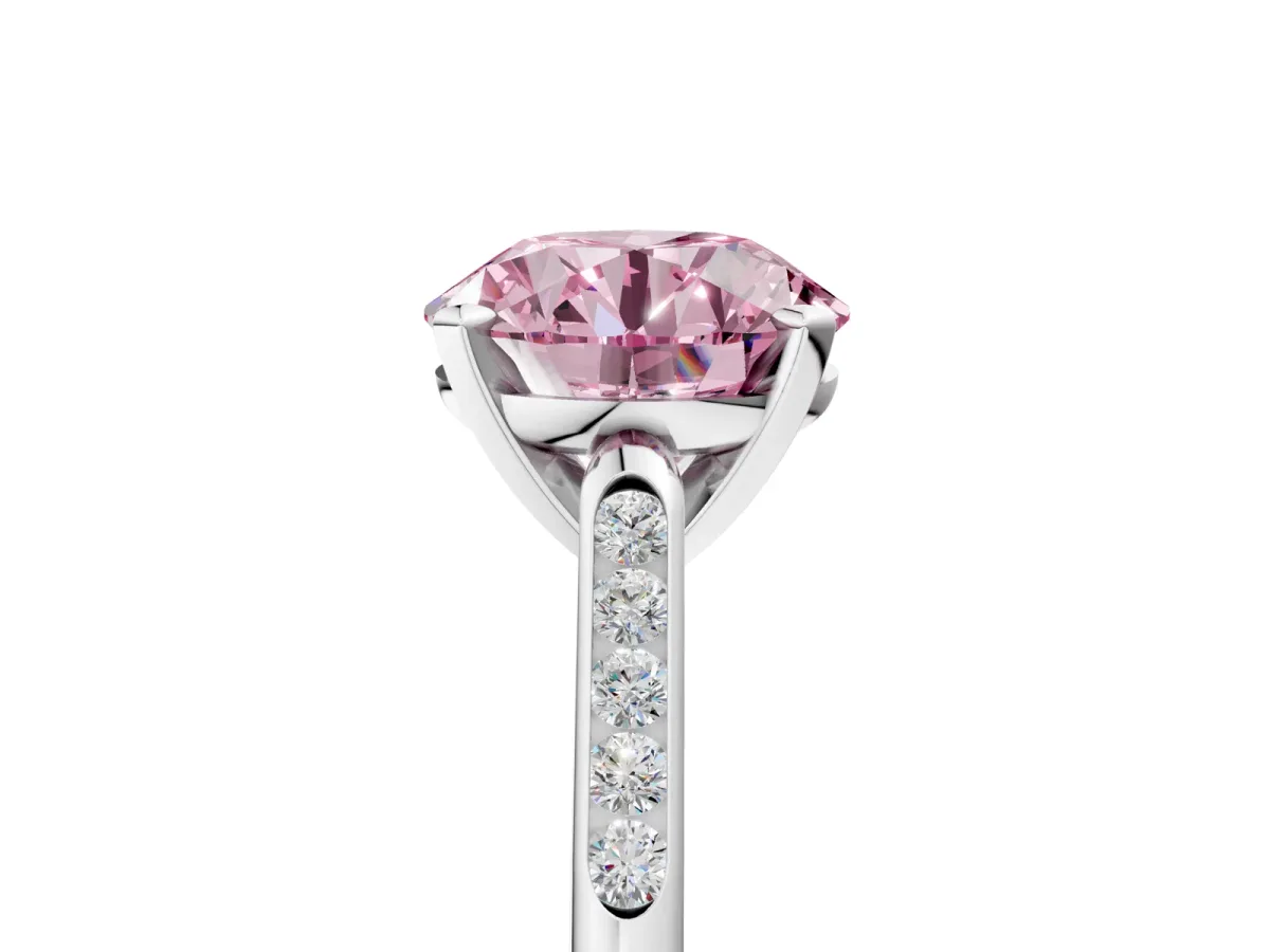 Fancy Pink Round Cut Diamond Solitaire Ring with Channel Set Round Band and Prong Setting Platinum