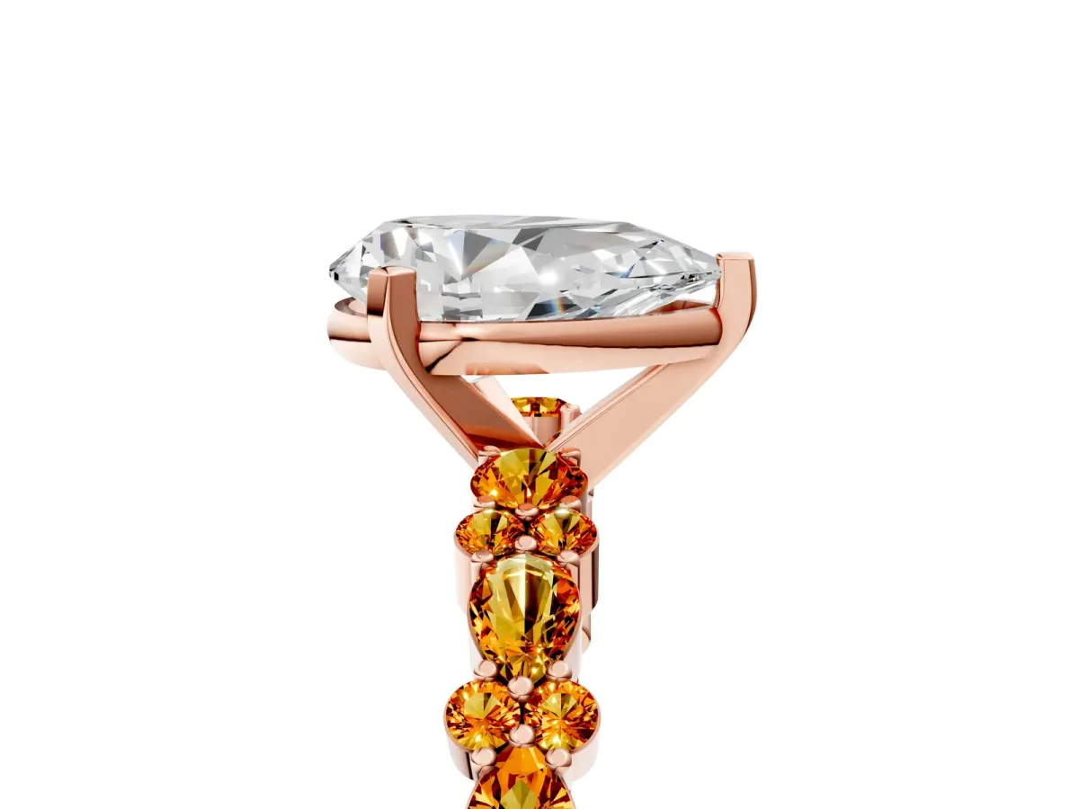 Pear Cut Diamond Side Stone Solitaire Ring with Round Citrine and Four-Prong Setting Rose gold