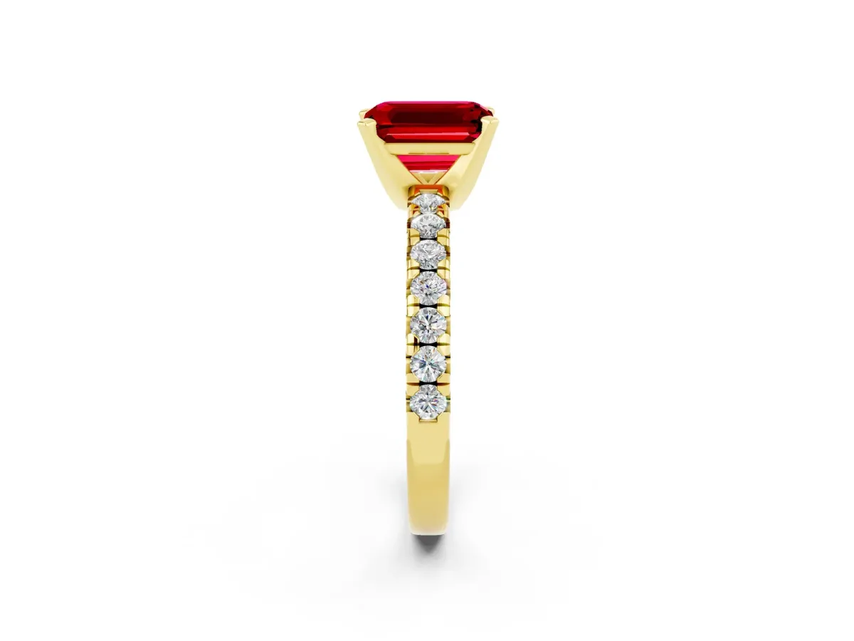 Emerald Cut Ruby Solitaire Pavé Engagement Ring with Round Band and Prong Setting Yellow gold