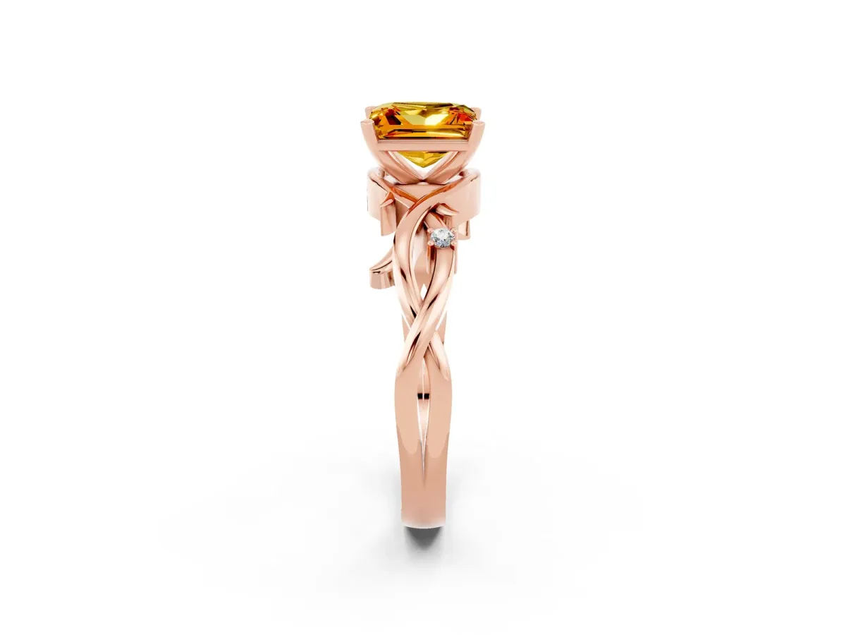 Princess Cut Citrine Solitaire Ring with Twisted Band and Prong Setting Rose gold