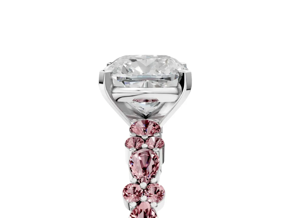Cushion Cut Diamond Side Stone Solitaire Ring with Round Morganite and Four-Prong Setting Platinum