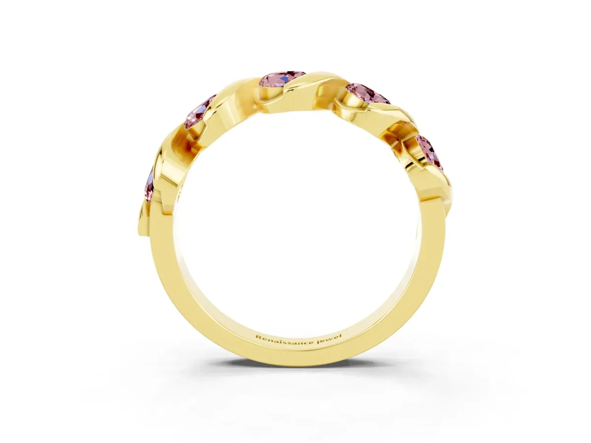Round Morganite Wave Band with Channel Setting and Shared Prongs Yellow gold