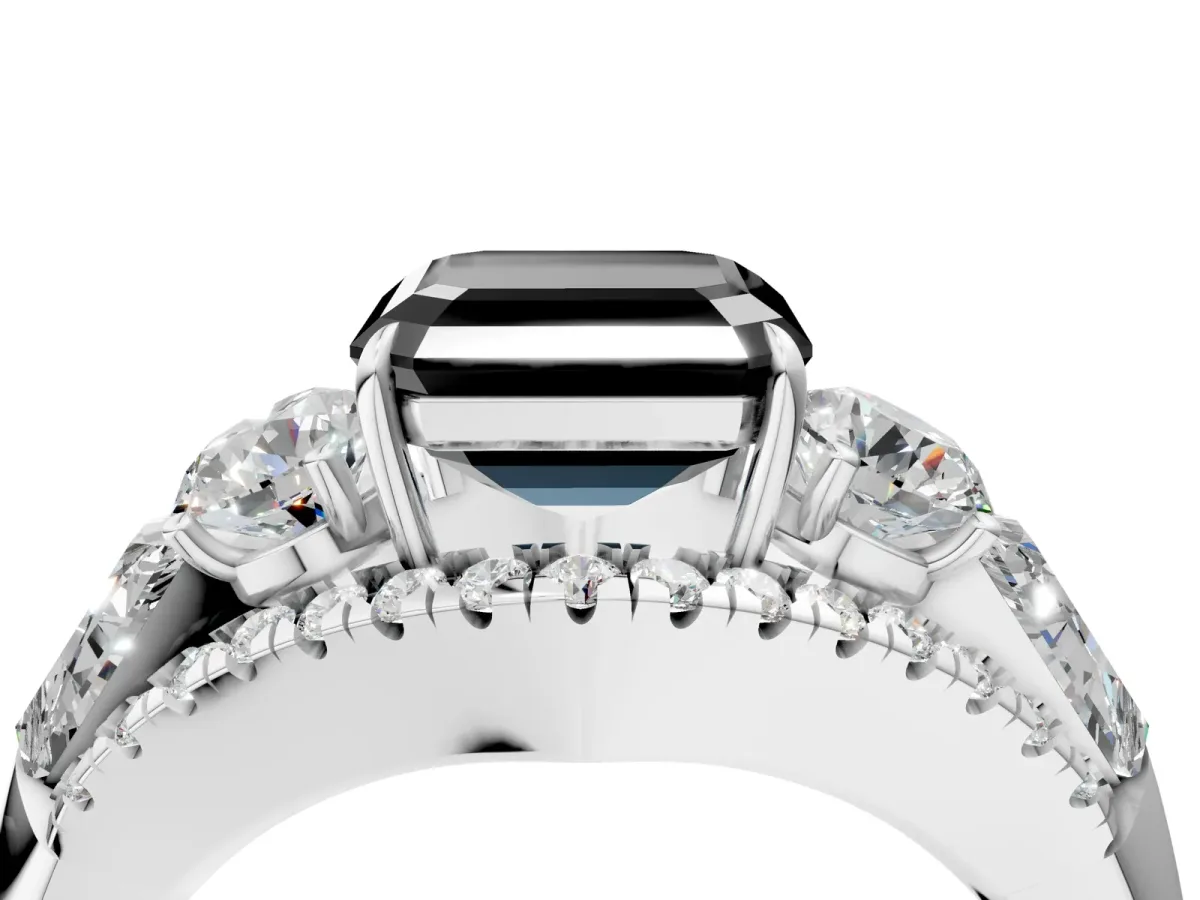 Fancy Black Three-Stone Asscher Cut Diamond Engagement Ring with Pave Band and Prong Setting Platinum