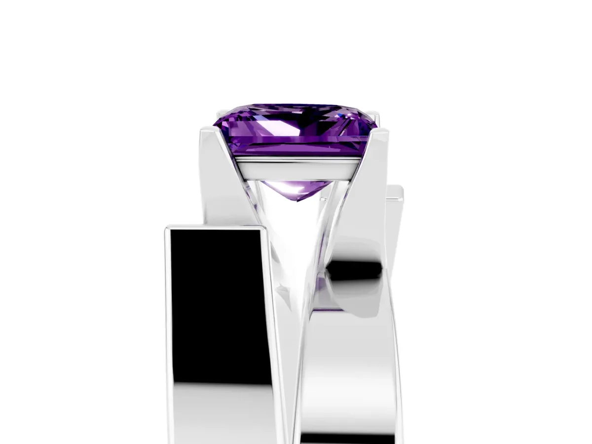Modern Tension Set Princess Cut Amethyst Solitaire Wide Band Ring Silver