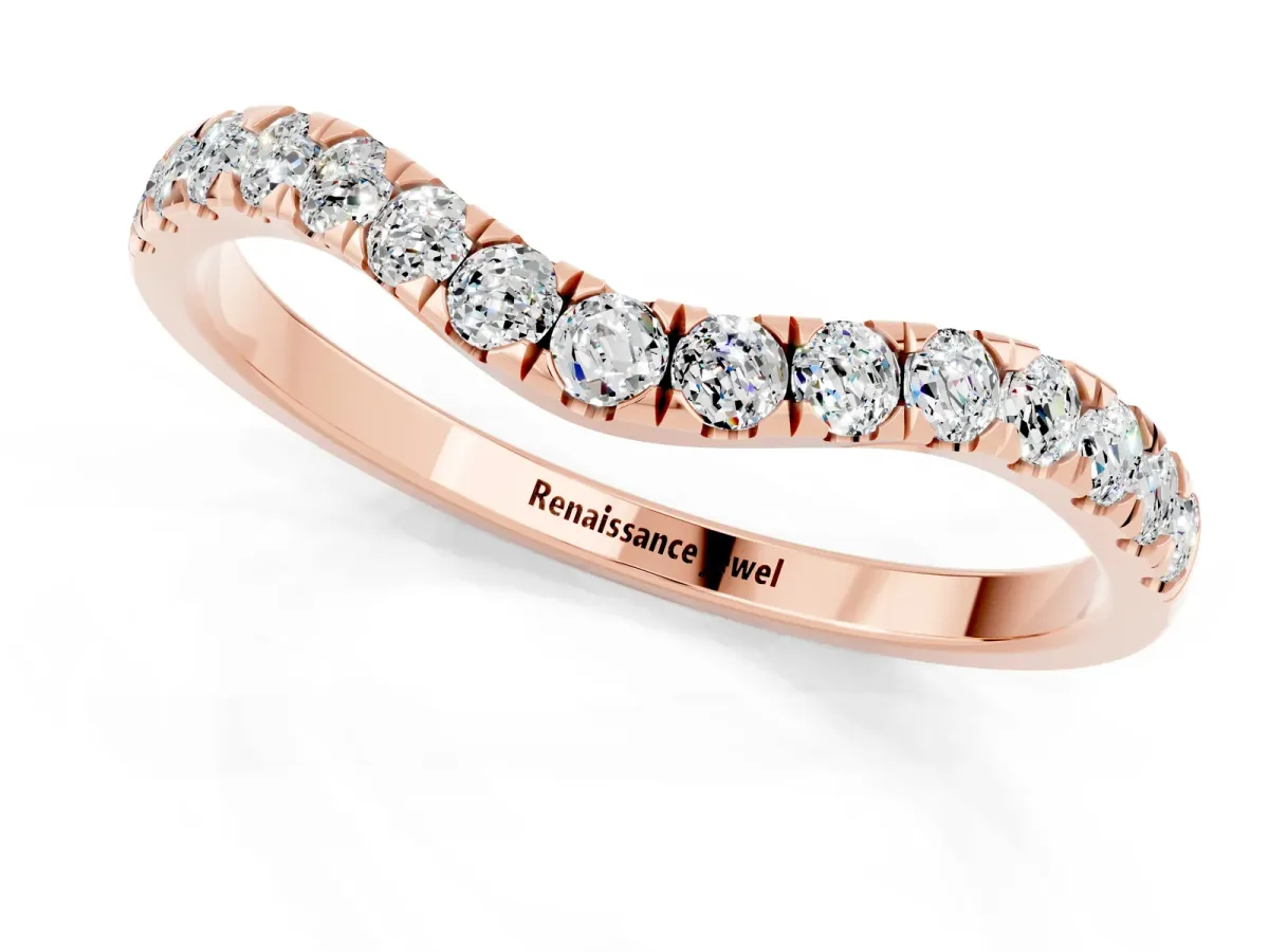 Curved Pavé Round Moissanite Wedding Band with Shared Prong Setting Rose gold