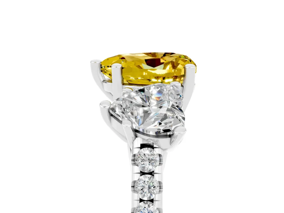 Three-Stone Heart Cut Yellow Sapphire Ring with Round Pavé Band and Prong Setting Silver