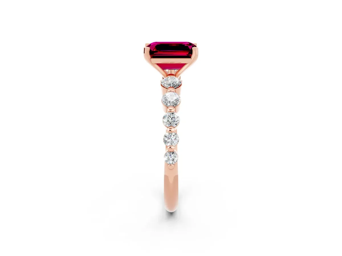 Emerald Cut Solitaire Garnet Ring with Pave Band and Four-Prong Setting Rose gold