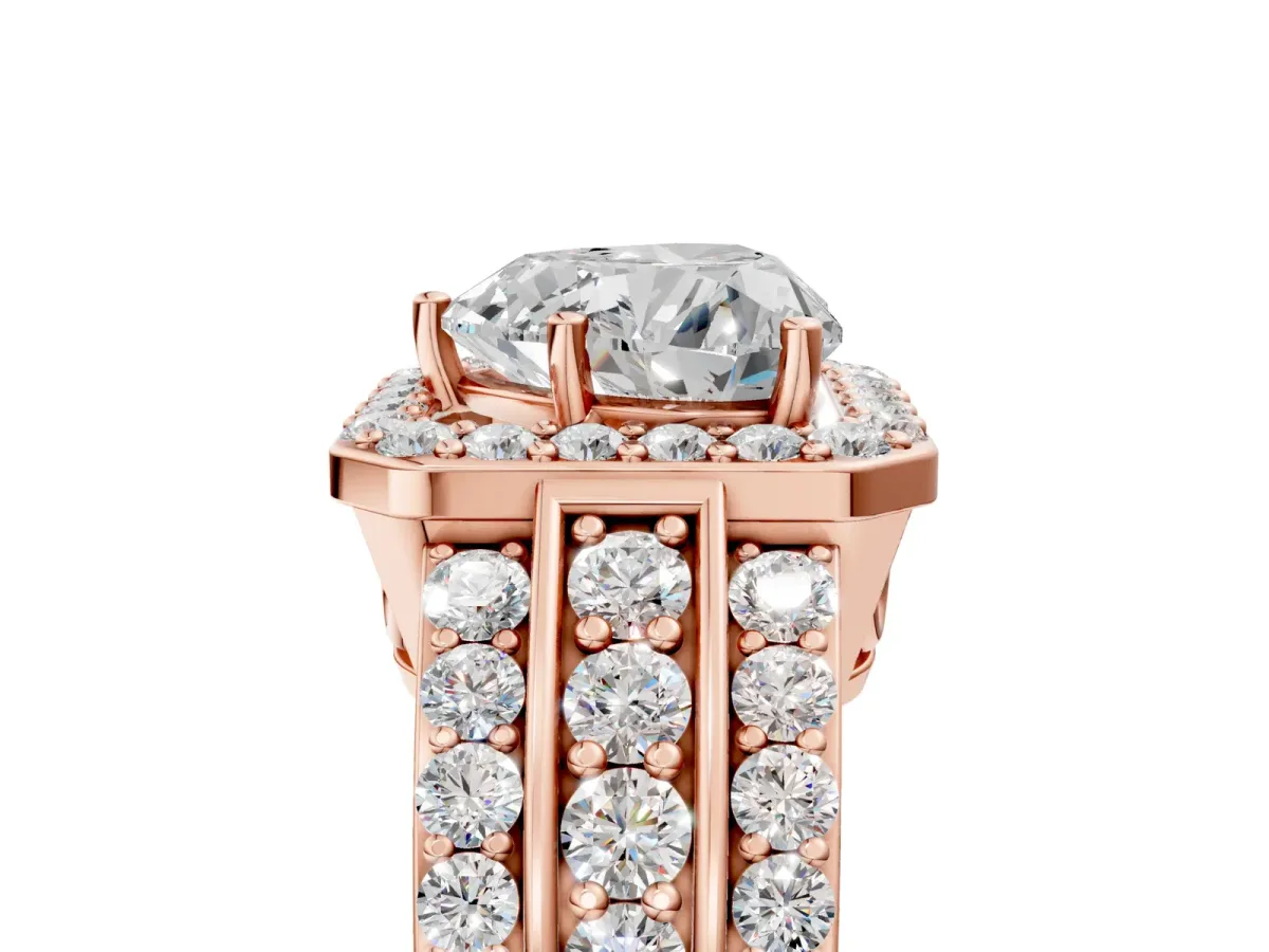 Heart Cut Halo Diamond Ring with Round Split Shank and Prong Setting Rose gold