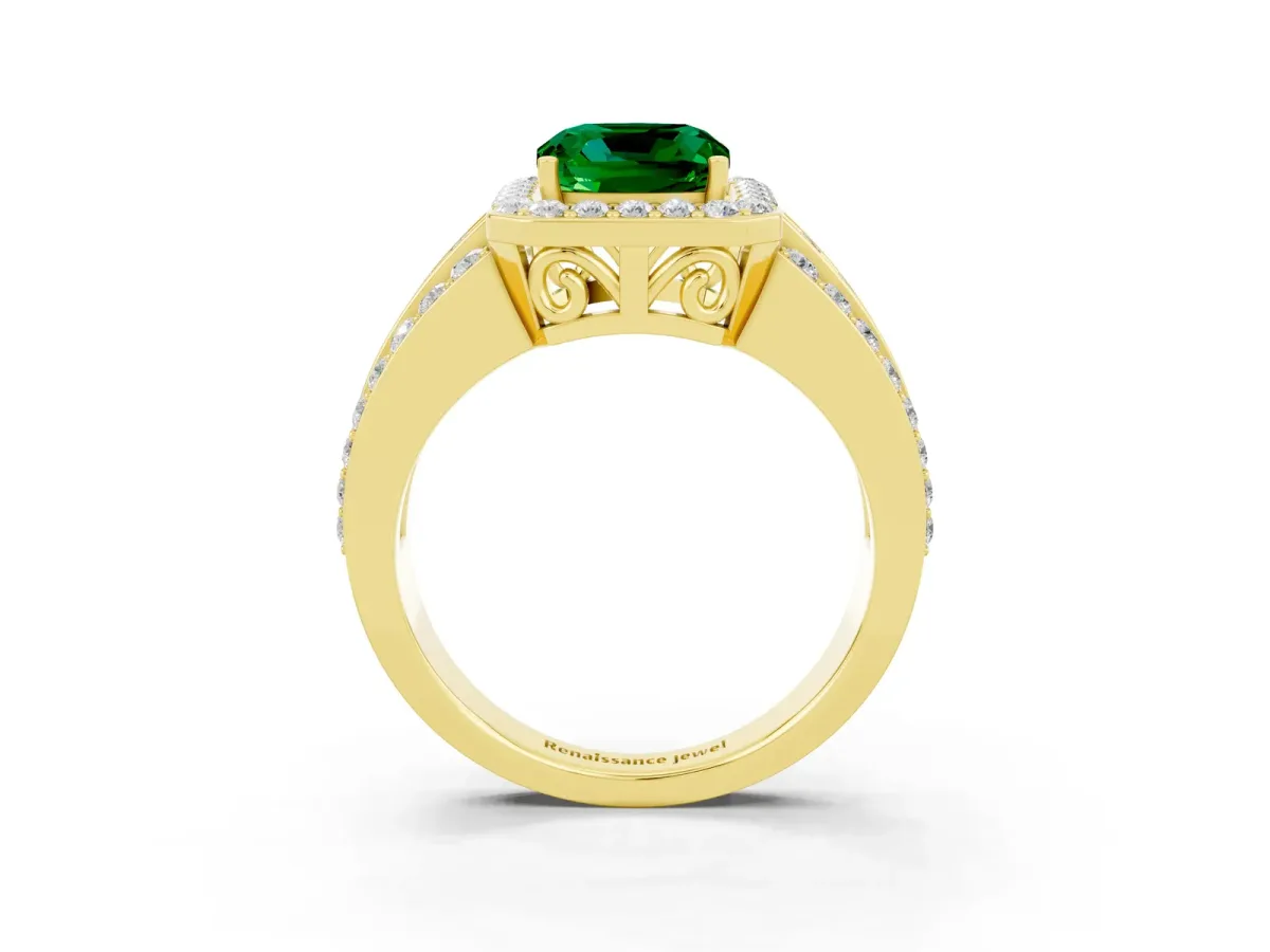 Cushion Cut Halo Emerald Ring with Round Split Shank and Prong Setting Yellow gold