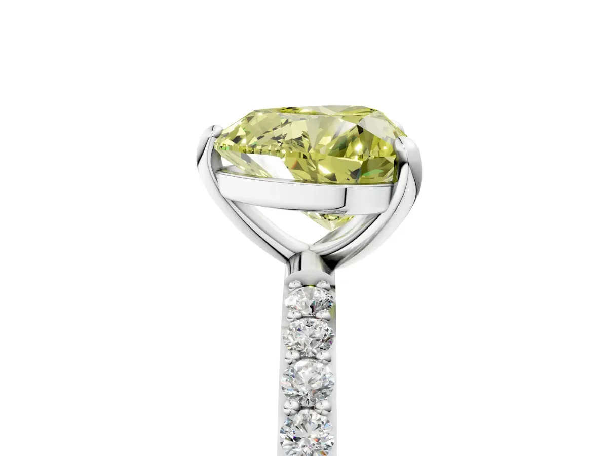 Fancy Yellow Heart Cut Diamond Solitaire Ring with Round Pavé Band and Prong Setting Silver
