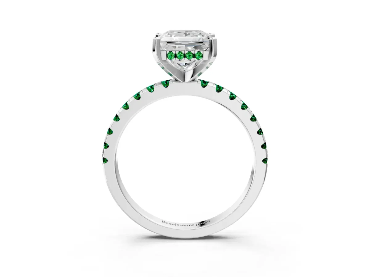 Princess Cut Diamond Solitaire Ring with Round Emerald Pavé Band and Four-Prong Setting Silver