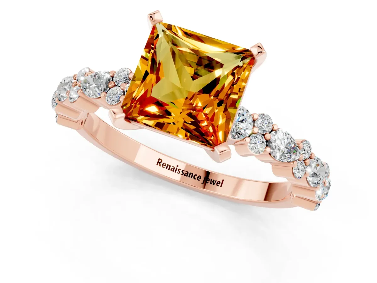 Princess Cut Citrine Side Stone Solitaire Ring with Round and Four-Prong Setting Rose gold