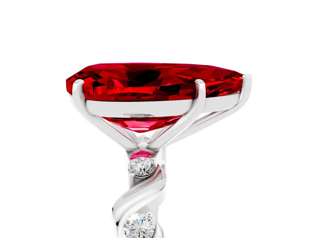 Pear Cut Ruby Solitaire Twisted Band with Round Accents and Prong Setting White gold