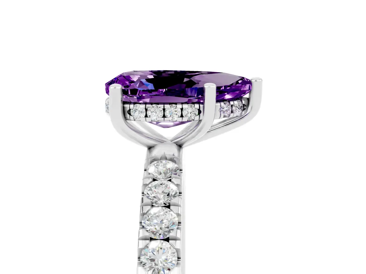 Pear Cut Amethyst Pave Band Solitaire Ring with Round and Prong Setting White gold