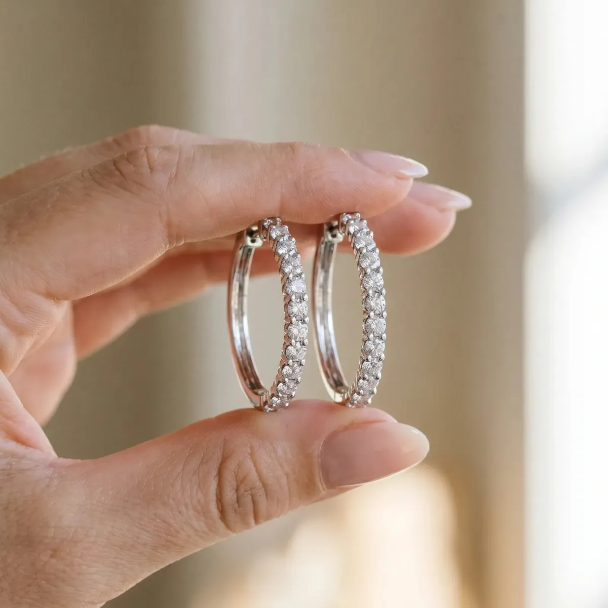 Round Diamond Hoop Earrings with Prong Setting White gold