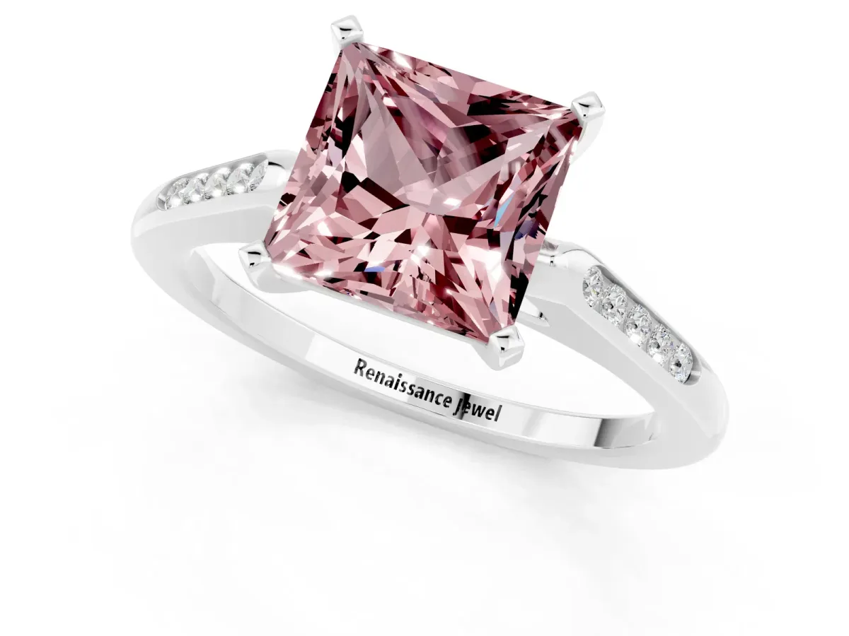 Princess Cut Morganite Solitaire Ring with Channel Set Round Band and Prong Setting Silver