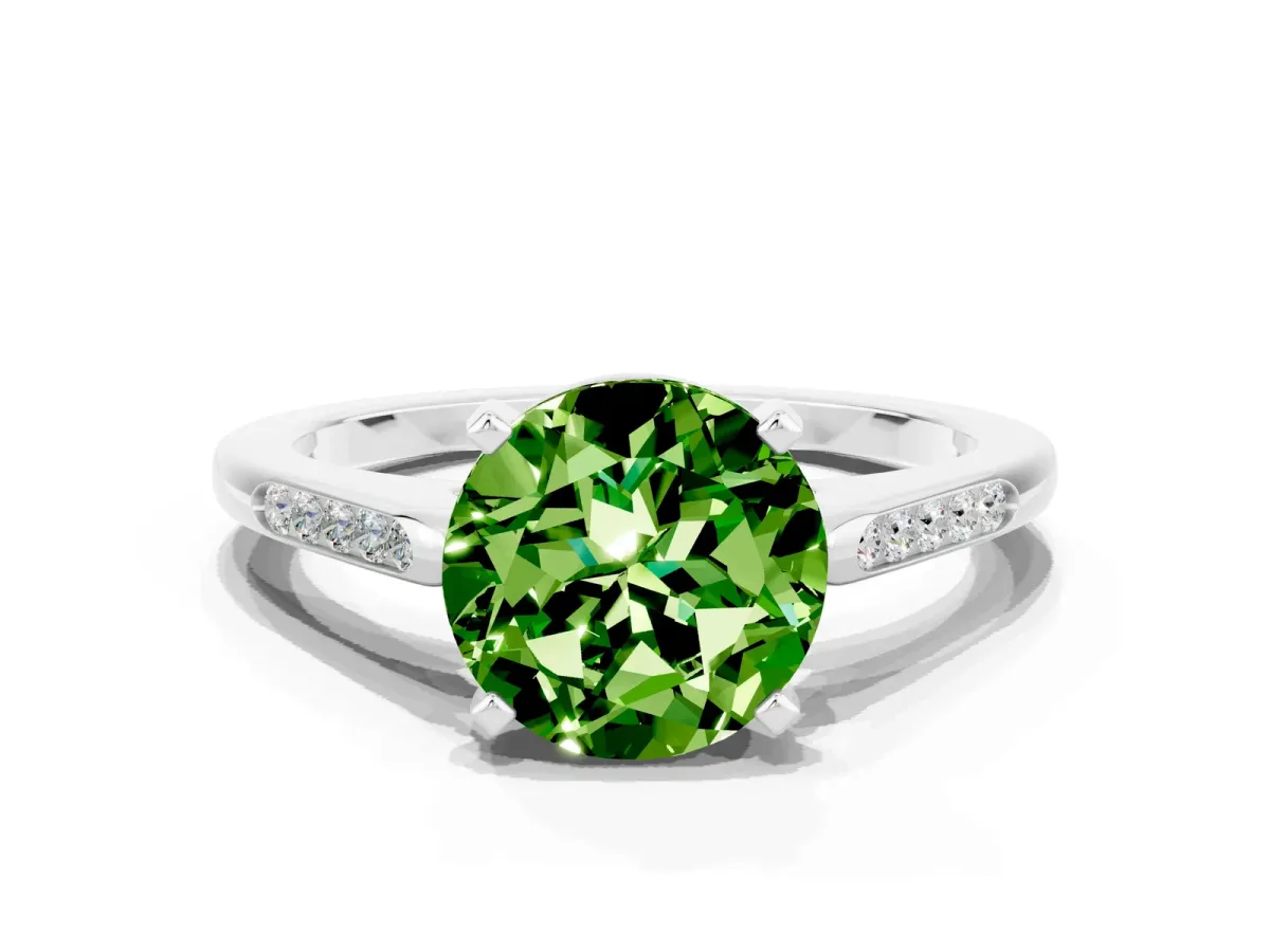 Round Cut Peridot Solitaire Ring with Channel Set Round Band and Prong Setting Platinum