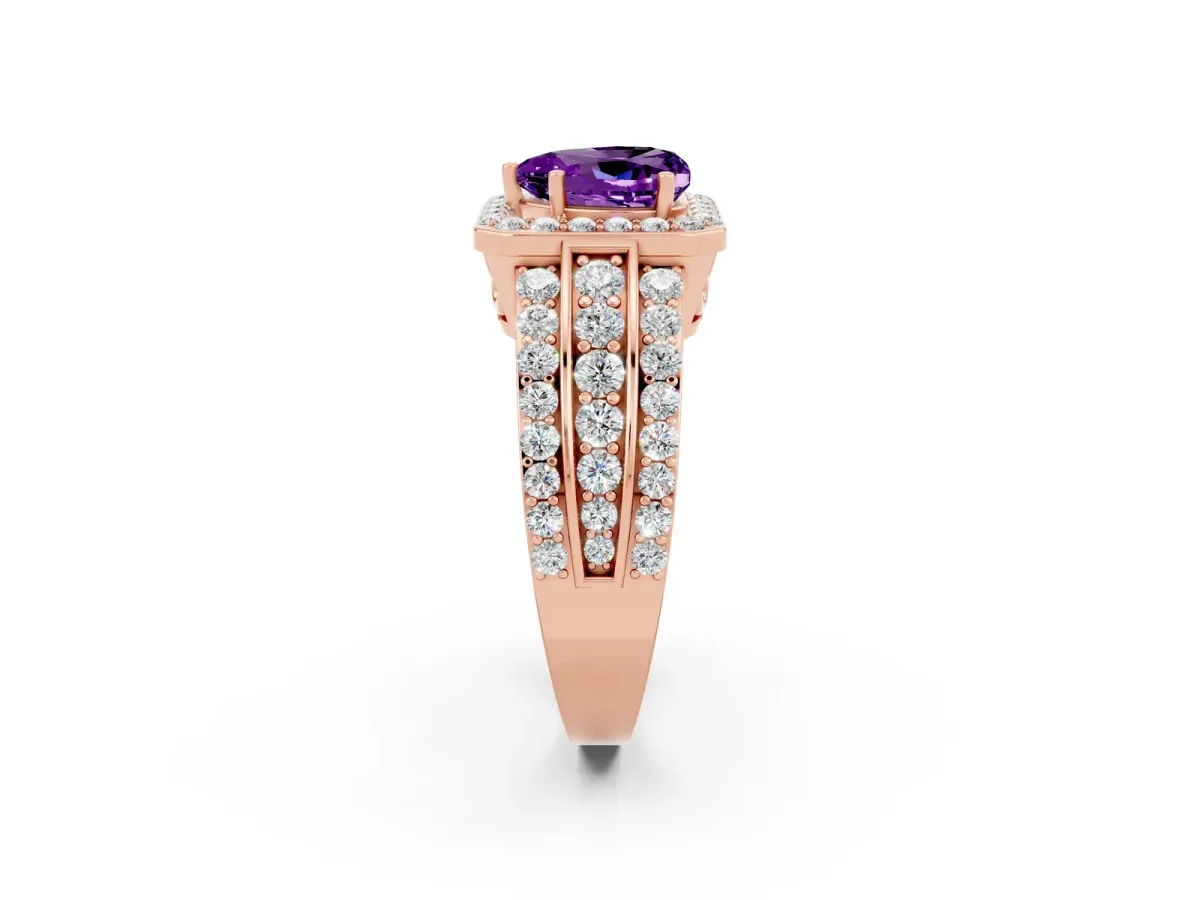 Heart Cut Halo Amethyst Ring with Round Split Shank and Prong Setting Rose gold