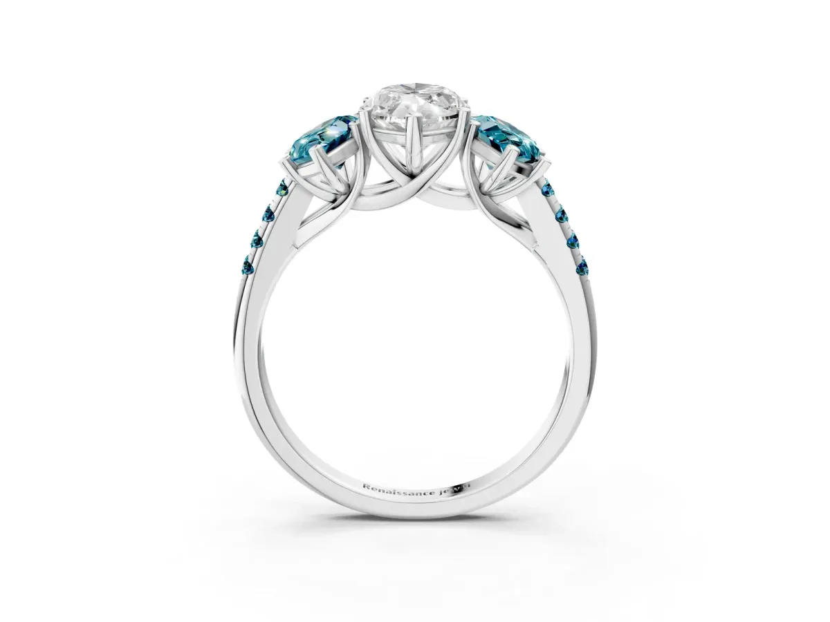 Three-Stone Marquise Cut Diamond Ring with Round Blue Topaz Pavé Band and Prong Setting Silver