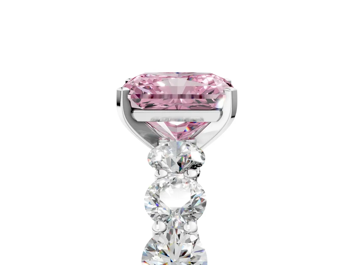 Fancy Pink Radiant Cut Diamond Prong Setting with Side Stones on a Pave Band Silver
