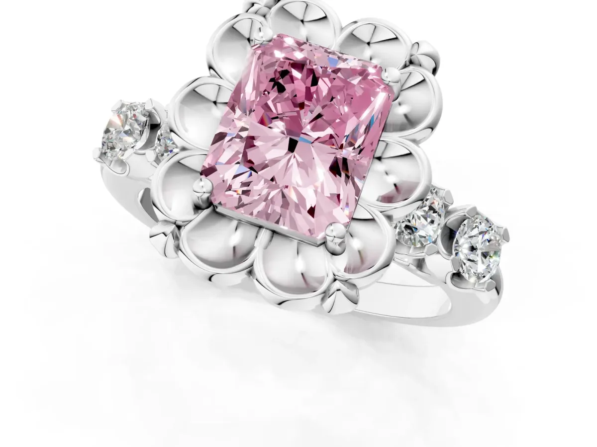 Fancy Pink Radiant Cut Cut Diamond Floral Halo Engagement Ring with Shared Prong Setting Silver